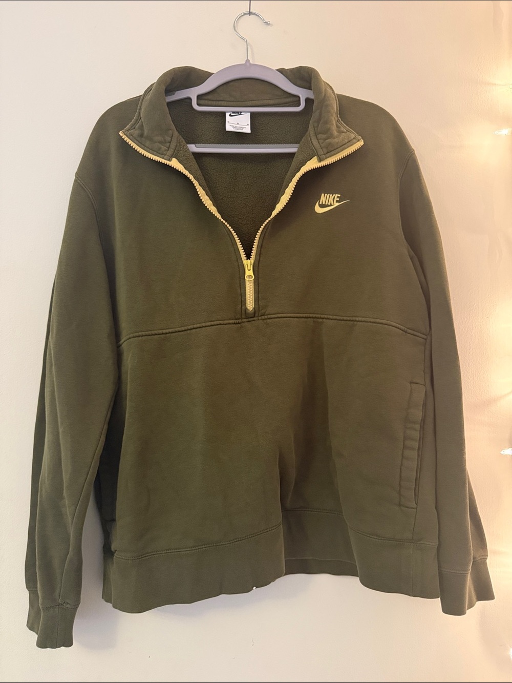 Nike Sportswear Club Olive Green Half-Zip Fleece w/ Yellow Accents - Size M - Picture 2 of 4